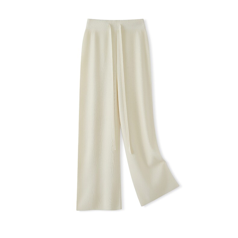 新款高腰显瘦宽松直筒休闲裤女软糯舒适针织百搭时尚四平腰带设计，女装休闲裤，万谦羊绒