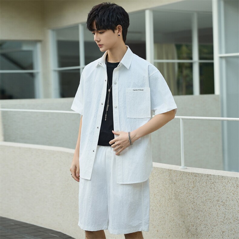 夏季套装男高级感短袖短裤休闲宽松上衣薄男士衬衫外套Y2502-P105,男装衬衫,电商A355（原A415）