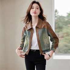 主推BAO款欧洲站复古欧货2025春秋新款拼接仿真皮皮衣牛仔外套女，女装短外套，江南女神