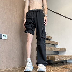特批P32无差价夏季褶皱冰丝抽绳工装裤男士大码宽松拖地长裤K1313图片