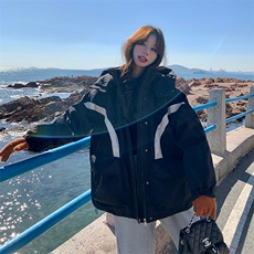 黑白撞色冲锋衣外套女2025春季新款韩版宽松休闲连帽情侣派克服潮，女装羽绒服，2C037