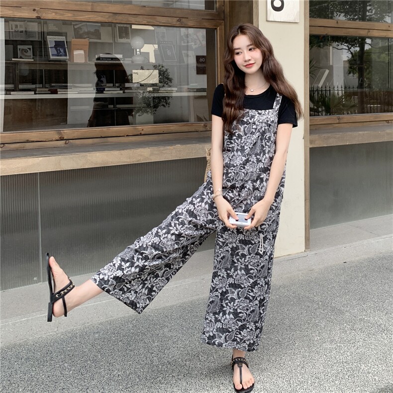 韩系休闲拼色印花背带裤女2025夏季新款宽松慵懒风气质显瘦阔腿裤,女装连体裤,2C353