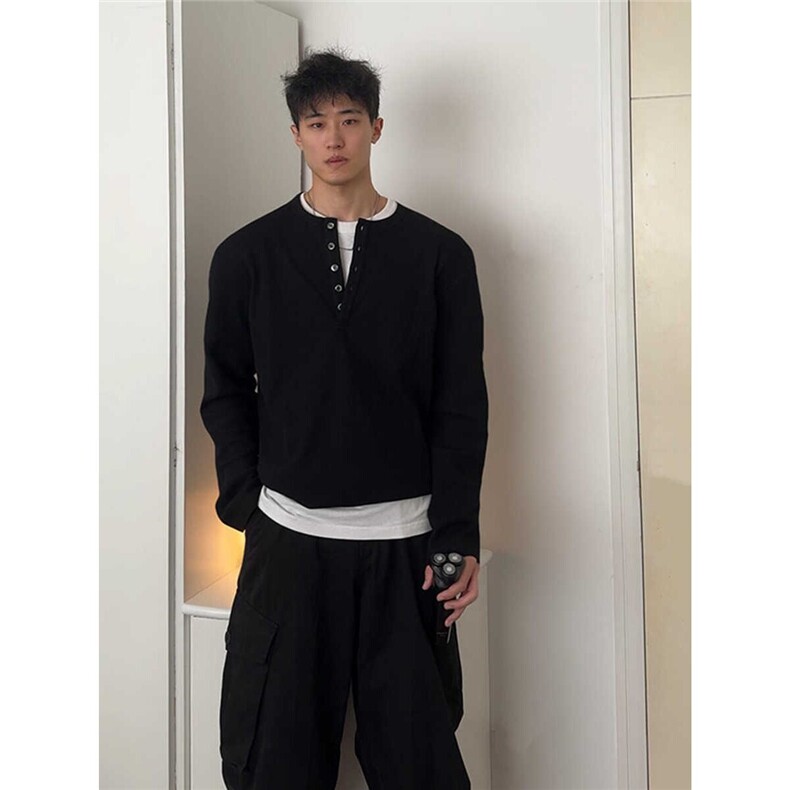 假两件亨利领长袖T恤男秋冬季设计感双面德绒美式潮牌内搭打底衫,男装卫衣,星座603-2