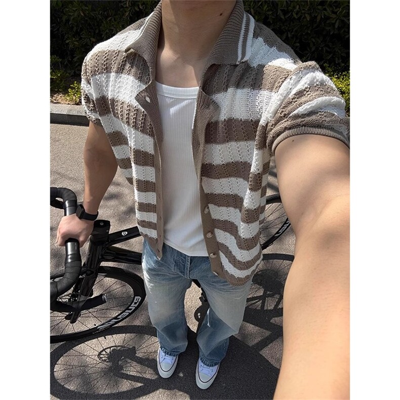 美式复古镂空针织条纹短袖衬衫男款夏季慵懒风高级感半袖衬衣外套，男装T恤，四季星座505