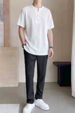 夏季褶皱盘扣休闲套装男士舒适轻薄透气风短袖T恤两件套TZ400，男装T恤，星座305A（原312A-1）