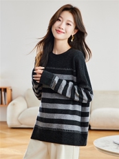 2025秋冬新款100%羊毛条纹拼色针织衫女宽松圆领套头毛衣慵懒风，女装羊毛衫，艾米