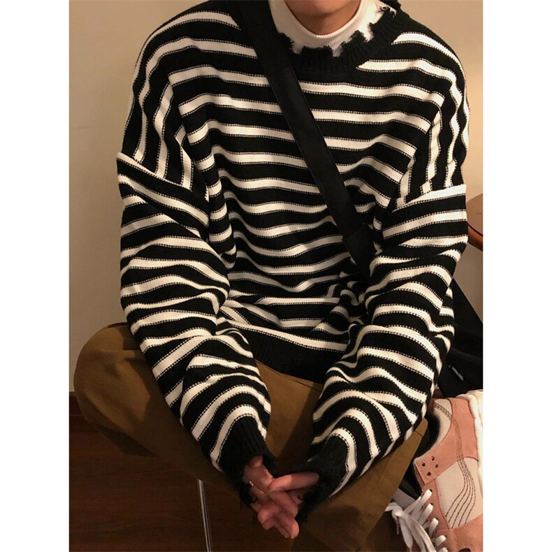 秋冬日系复古破坏黑白条纹毛衣男设计感小众套头针织衫上衣MU15,男装针织衫/毛衣,星座1116A（原606A-3）