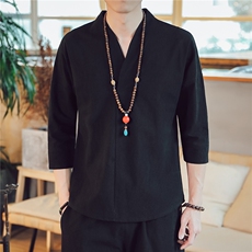 7022-春夏中国风七分袖T恤棉麻大码复古短袖打底衫QT715-灰，男装T恤，钱塘715