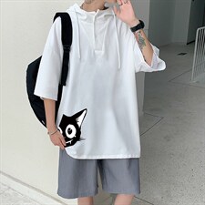 LD54035-P45连帽短袖t恤男大码胖子带帽五分袖中袖，男装T恤，电商A040