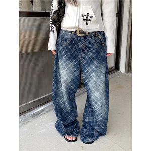 水洗做旧格纹阔腿牛仔裤男女宽松休闲百搭直筒拖地长裤NZB199图片