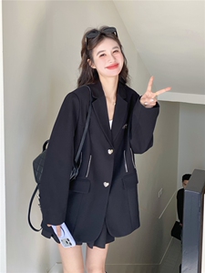 黑色西装外套女秋季爱心金属扣重工拉链口袋宽松廓形休闲设计感图片