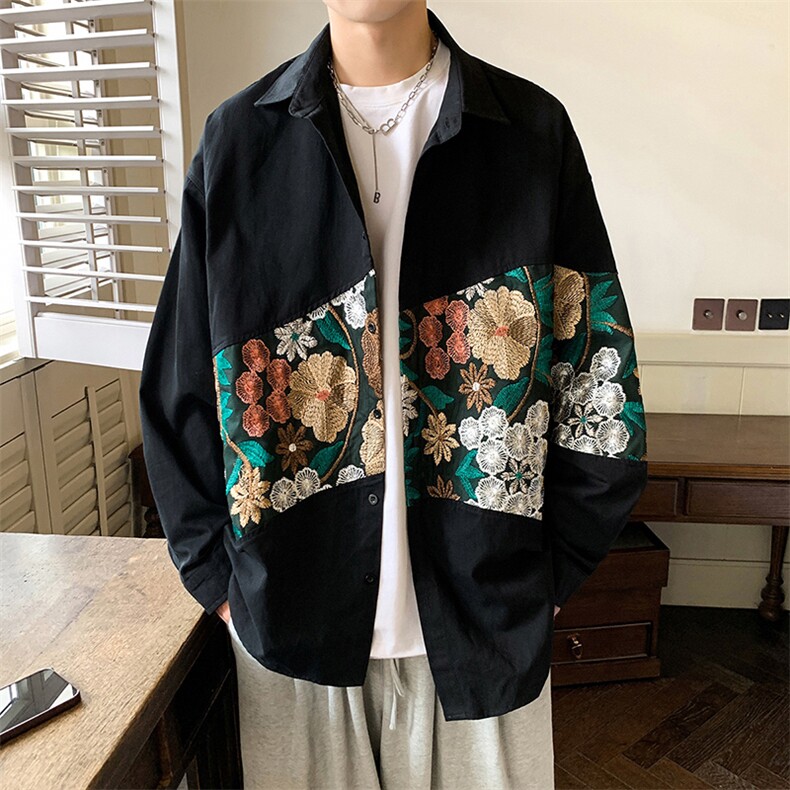 港风长袖衬衣男情侣大码M-5XL中性风刺绣潮长袖衬衫男CS9743P50图片