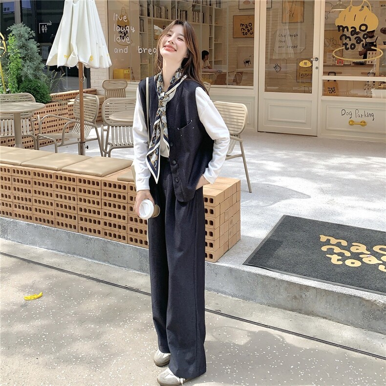 韩版松弛感马甲上衣阔腿裤套装女2025年春秋季新款时尚气质三件套,女装套装/套裙,2C217