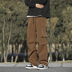 卡其色工装裤男春秋季2025新款美式高街直筒伞兵裤宽松大码阔腿裤，男装休闲裤，星座718-1