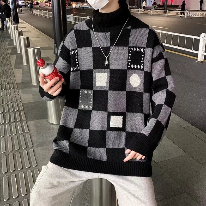 棋盘格子高领毛衣男春秋季M125P42,男装针织衫/毛衣,星座1116-2