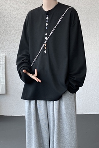 8XL-M 慵懒肌理感华夫格廓形云母贝纽扣长袖T恤打底长袖CX3006P48图片
