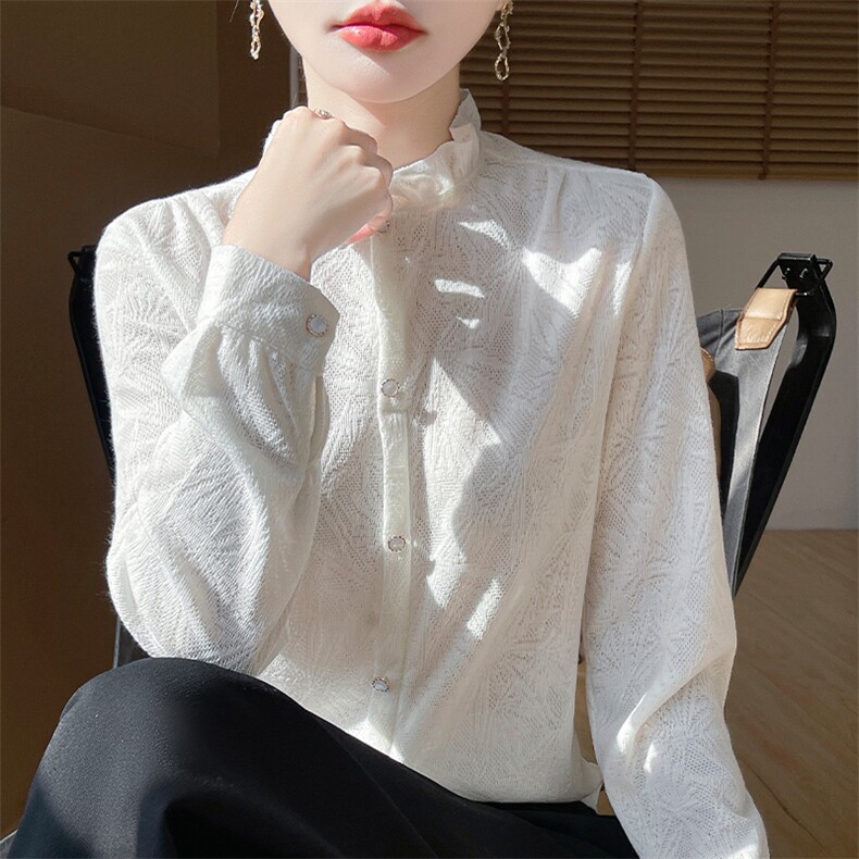 春季新款时尚潮流镂空针织提花长袖,女装衬衫,羊特美羊绒