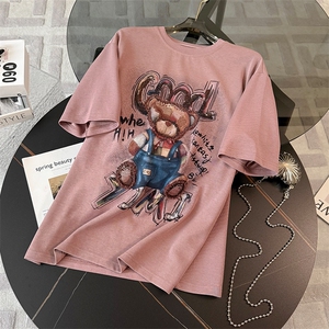 美式潮牌休闲时尚套装女夏季新款圆领短袖小熊上衣宽松短裤两件套图片