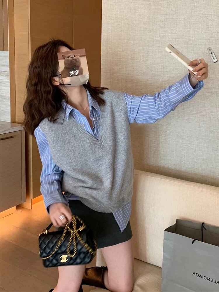 灰色羊毛马甲女V领2024新款早春秋针织毛衣背心宽松无袖坎肩外搭,女装马甲,雪真羊绒
