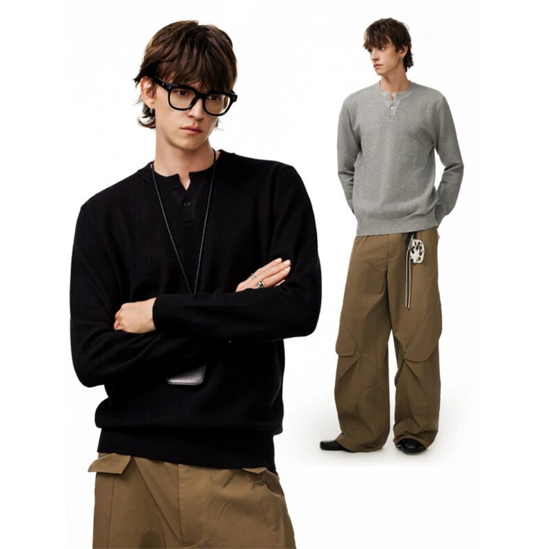 现货2026新款亨利领长袖T恤老钱风华夫格打底衫棉T60-特P50，男装T恤，星座1212