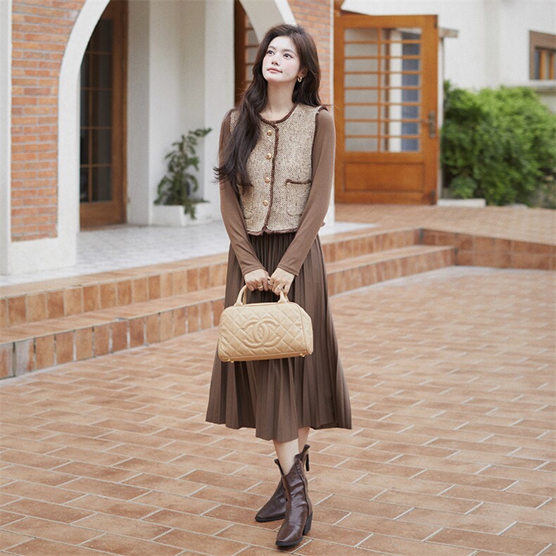 小香风套装女马甲百褶连衣裙2025秋季新款长袖显瘦两件套气质女装，女装连衣裙，艾米莉亚