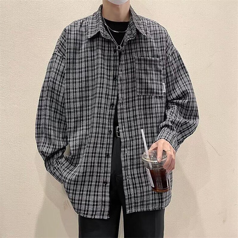 2025春季新款帅气格子衬衫男长袖宽松百搭衬衣男现货W8107-P33,男装衬衫,星座512-4