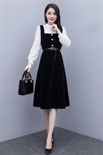 2021春季新款简约潮流时尚个性蕾丝拼接假两件套修身收腰连衣裙，女装连衣裙，瑶迪依秀