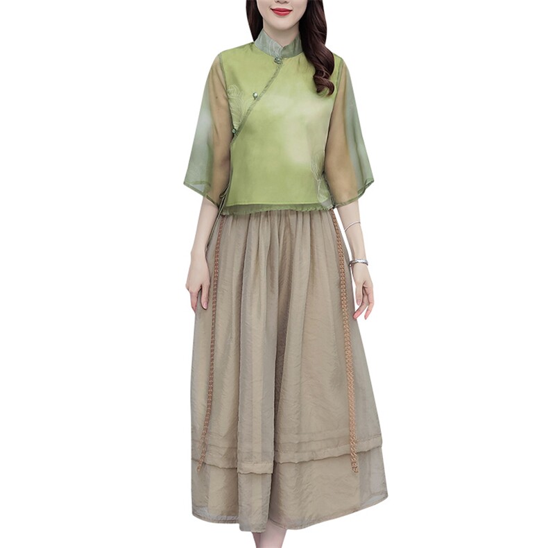 芷墨超仙小洋装新中式俩件套套装茶服改良汉服上衣半身裙俩件套女,女装套装/套裙,芷墨服饰