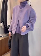 韩系短款秋冬新款圆领阔版显瘦单排包扣羊毛外套(含5.，女装双面呢大衣，依嘟服饰