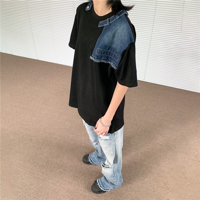 美式潮牌帅气牛仔拼接重磅短袖拼色设计小众半袖宽松休闲t恤上衣图片