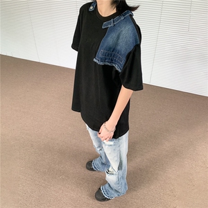 美式潮牌帅气牛仔拼接重磅短袖拼色设计小众半袖宽松休闲t恤上衣图片