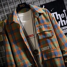 2021秋季新日系网格风大码男工装口袋休闲格子衬衫C3050-P45，男装衬衫，电商A001