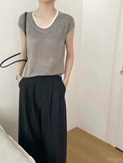 2025年夏季薄款简约U领蕾丝拼接短袖，女装T恤，圣旺供货