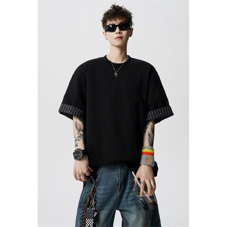 8XL-M格子翻边设计短袖tee男同款文艺休闲T恤上衣半截袖男DX342,男装T恤,电商D206-1