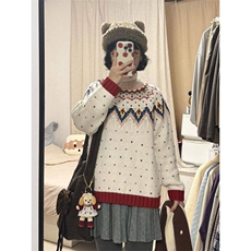 万圣节狂欢~红色费尔岛勾花复古圆领毛衣女秋冬款宽松保暖针织衫，女装针织衫/毛衣，星座506A