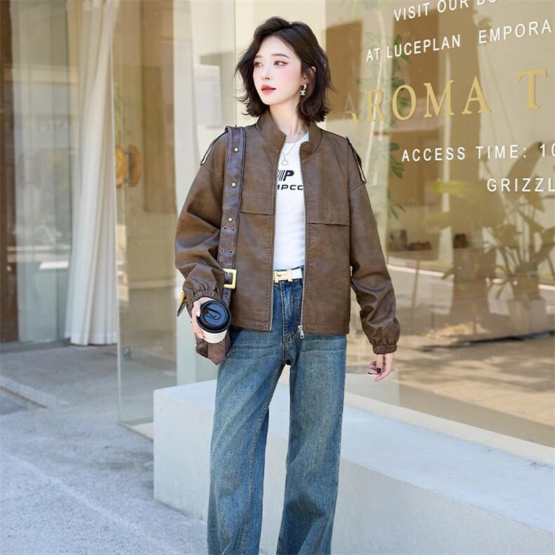 现货复古港风晕染立领皮衣女2024秋新款宽松休闲机车Pu皮外套，女装皮衣，美拉德工厂直营店