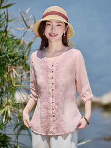 轻薄舒适刺绣苎麻衬衫女夏2025新款宽松显瘦气质V领中袖小衫上衣图片