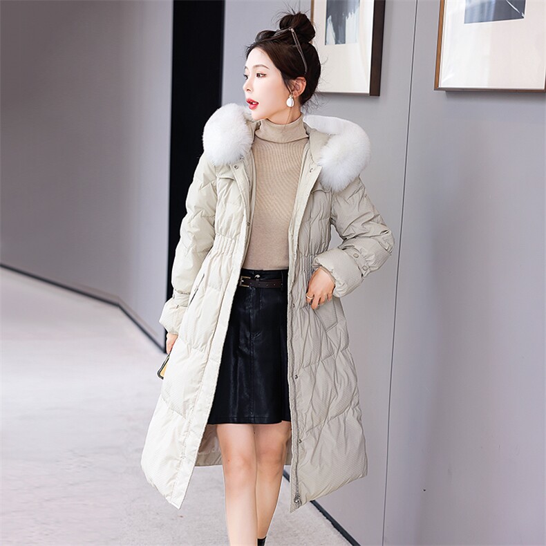 羽绒服新款2022年女装腰间抽绳修身可脱卸真狐狸毛领长款90白鸭绒,女装羽绒服,卡杰菲