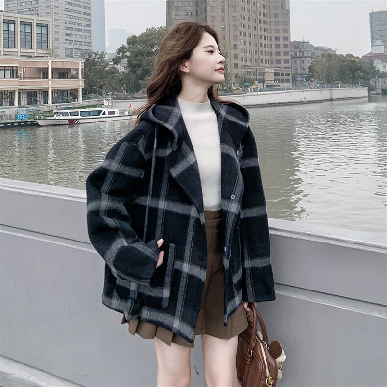 格子连帽双面呢羊毛大衣女冬小个子宽松短款毛呢外套图片