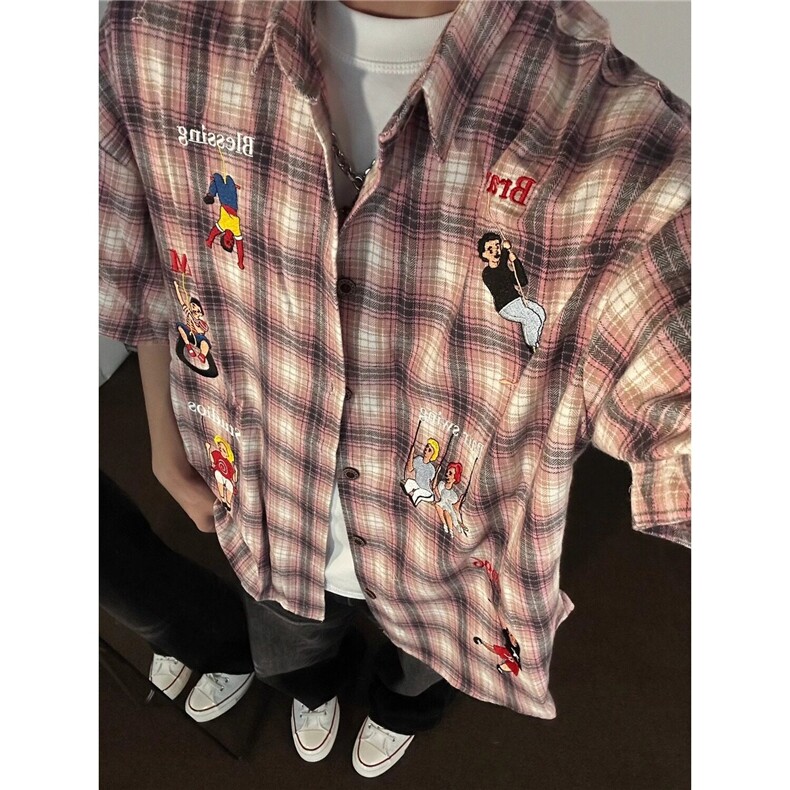 复古格子短袖衬衫男夏季薄款宽松刺绣衬衣设计感格纹半袖CS58，男装T恤，星座1116A（原606A-3）