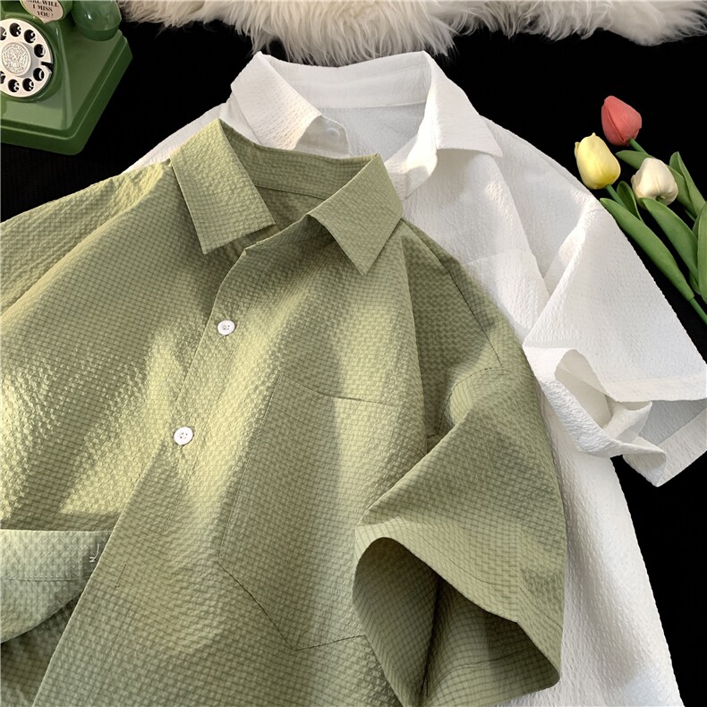 夏季新款日系泡泡哥纯色短袖衬衫大码宽松简易男女衬衣CS218-P28，男装衬衫，星座222-7