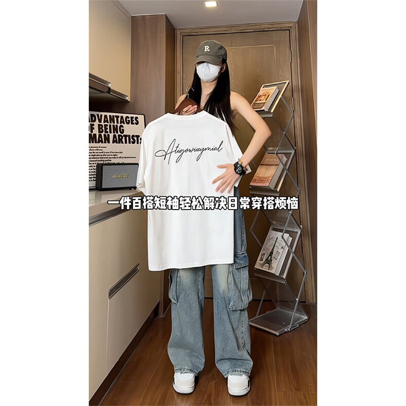 字母印花短袖t恤男春夏季美式高街情侣穿搭重磅纯棉五分袖上衣服,男装T恤,电商A102