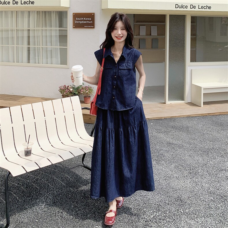 牛仔套装裙女2025夏季新款时尚减龄复古洋气无袖衬衫半身裙两件套,女装套装/套裙,2C269