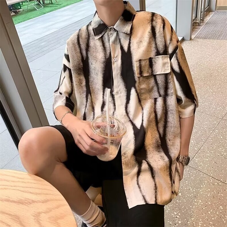 F239-P282024夏季新款盐系扎染印花衬衫男潮牌百搭短袖衬衣现货,男装衬衫,星座512-6
