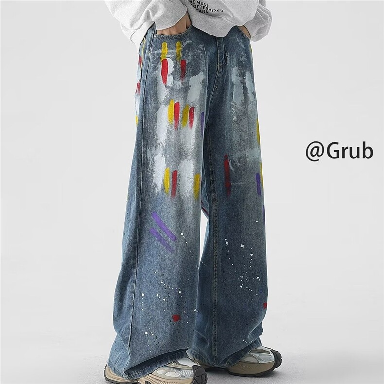 潮牌宽松直筒牛仔裤涂鸦漆点做旧水洗阔腿裤男拖地裤子AA219-P55，男装牛仔裤，星座208-5