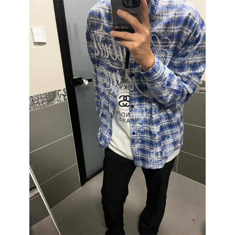 扎染刺绣格子衬衫男美式高街长袖衬衣高级设计感外套WLC1800-P39,男装衬衫,星座1008