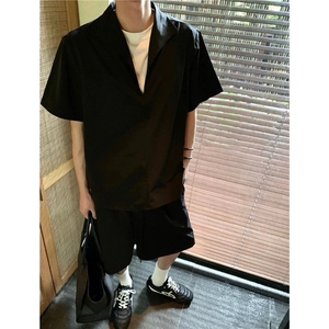 假两件亚麻套装男夏季薄款高级感老钱风松弛感休闲短袖短裤两件套图片