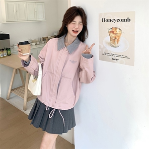 粉色学院风工装外套女2025春季新款设计感小众减龄小个子翻领上衣图片