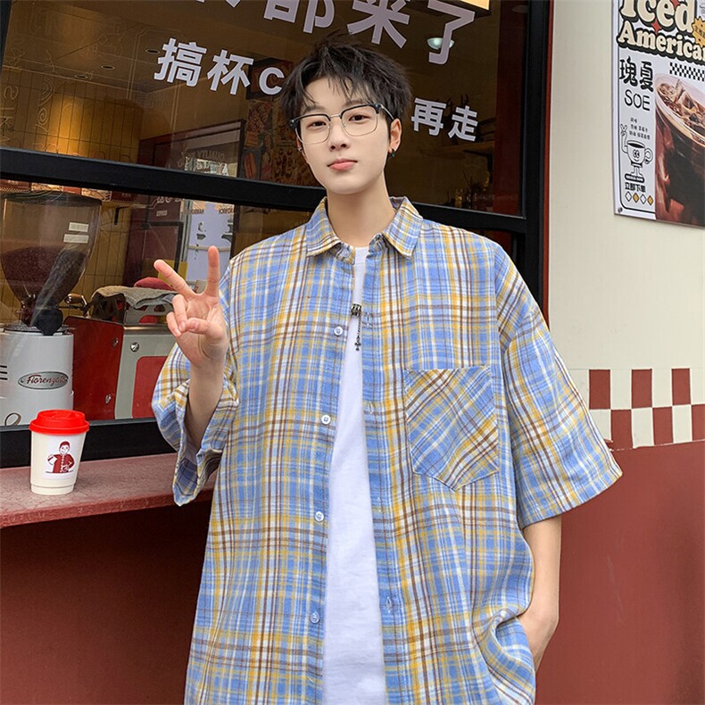 短袖衬衫男夏季新款磨毛格子衬衣DX716-特批26无差价,男装衬衫,星座214-3