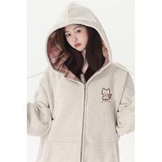 [004】]格子拼接拉链宽松开衫外套连帽加绒卫衣女A079--WY004-P55，女装短外套，电商A079